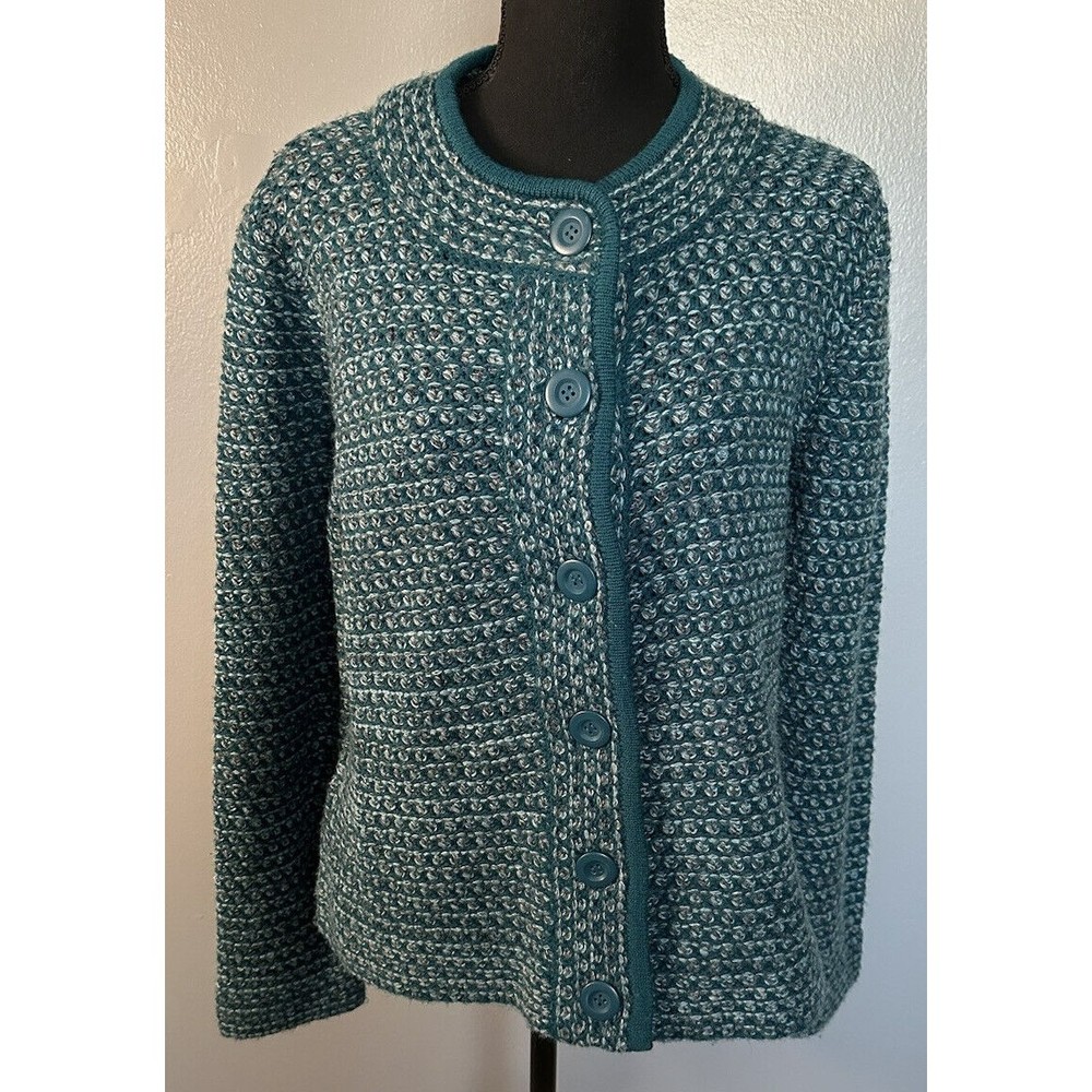 Coldwater Creek Women’s Wool Cardigan Sweater L Button Down Green Tweed Knit